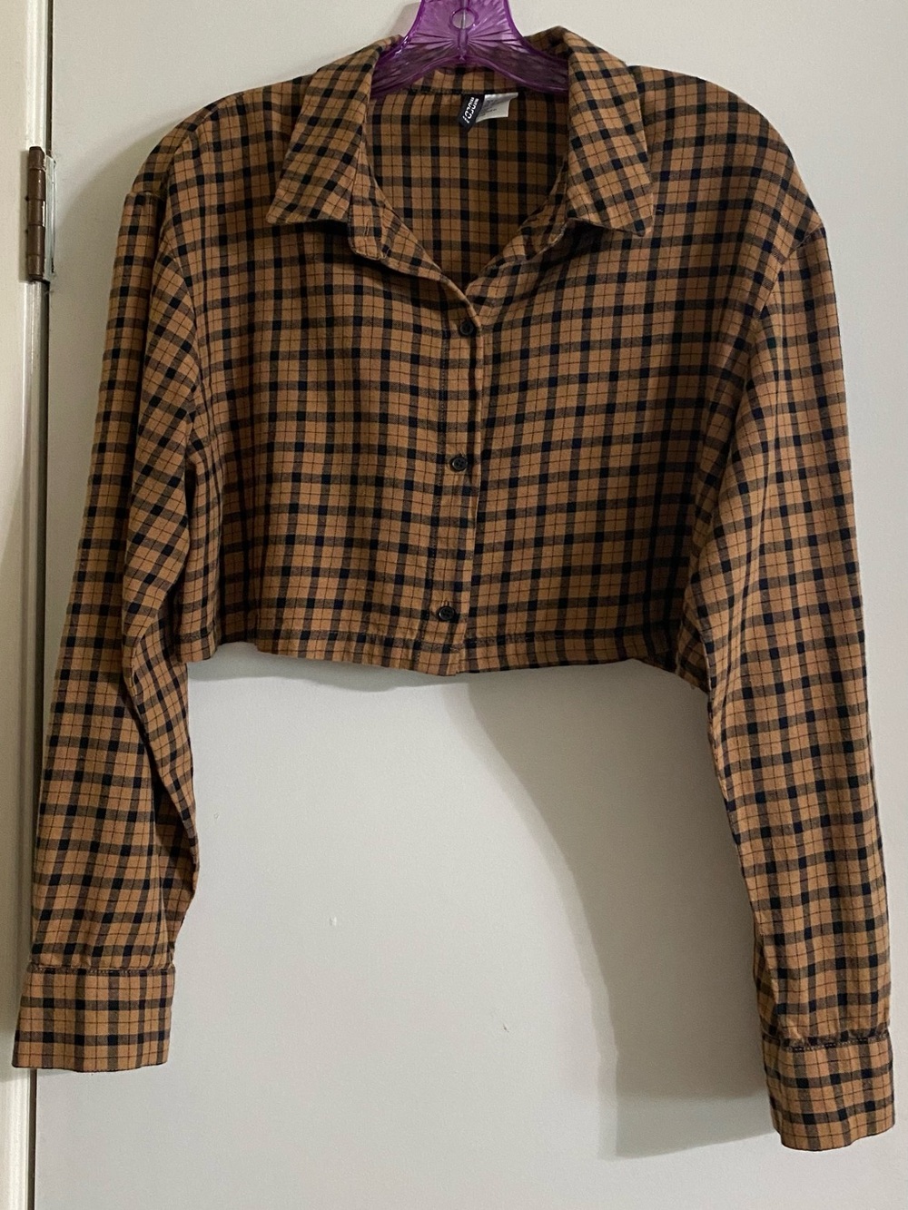 H&M Cropped Plaid Button-Down Shirt - Brown & Black